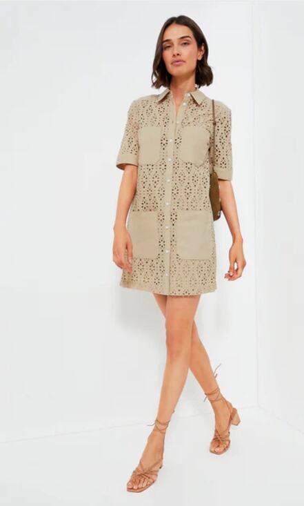 Veronica Beard Dresses & Skirts - Veronica Beard Rafaela Eyelet Shirt Dress Khaki Utility Chic Size 4 No Slip